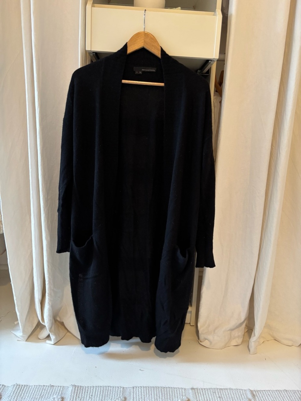 Black Open-Front Long cashmere Cardigan with Pockets